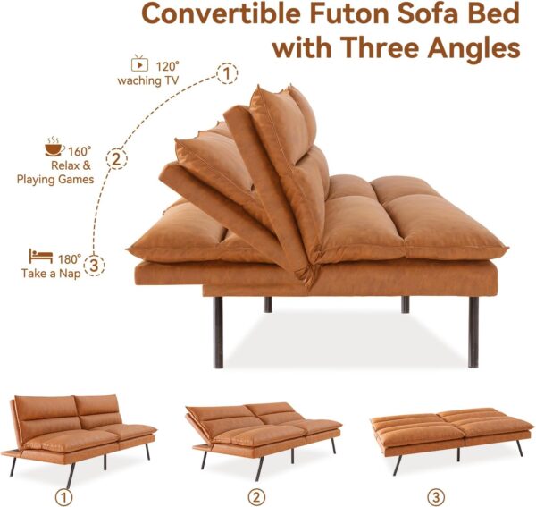 Opoiar Convertible Armless Futon Sofa Bed,3" Memory Foam Modern Loveseat Couch,71" L Sleeper Sofa Bed,Small Splitback Modern Faux Leather Futon Sofa for Living Room,Home Office,Apartment,Brown - Image 4