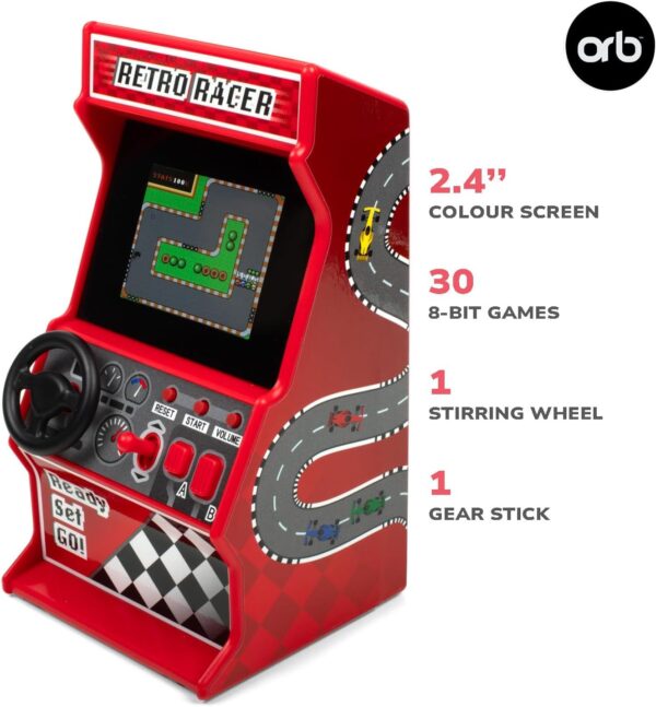 Mini Arcade Racing Machine: Handheld Console with 30 Pre-loaded 8-Bit Games, 2.4" LCD Screen, Steering Wheel, Gear Stick, Control Buttons, Games Console by Thumbs Up! - Image 6