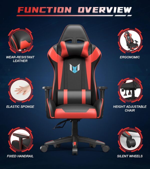 Racingreat Professional Gaming Chair, PU Leather Office Chair, Economic Gaming Chair, 2D Armrests, Gaming Chair with Lumbar Support and Headrest for Home Office Gamer, Black / Red - Image 7