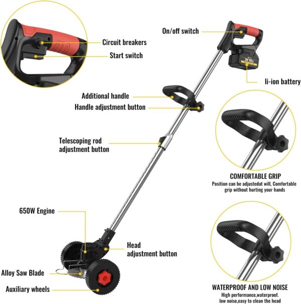Cordless Strimmer Garden Strimmer with 4 Blades, 2 x 21V 4.0Ah Battery Strimmer Adjustable Retractable Electric Strimmer, Grass Trimmer for Yard, Garden, Sidewalk Edges Light Work (Black) - Image 10