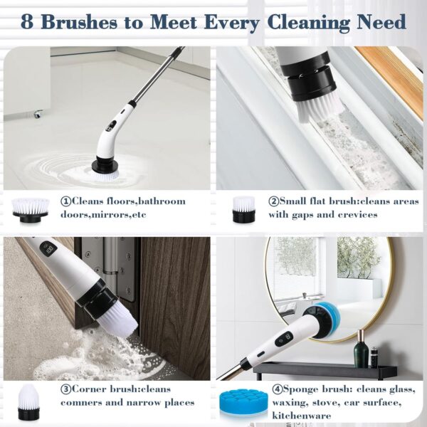 Tuocal Electric Spin Scrubber, Cordless Cleaning Brush with 8 Replaceable Brush Heads and Adjustable Extension Handle, Power Cleaning Brush for Cleaning Bathroom Bathtub Kitchen Tile Floor - Image 6