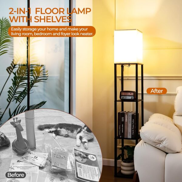 DEANIC Floor Lamp with Shelves, Modern Standard LED Lamps Living Room Bedroom Office, Wooden Tall Standing Lamp Reading Lamp Stand (Black, with USB Charging) - Image 4