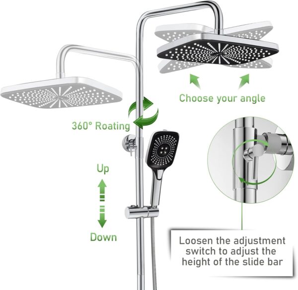 SHANFO Thermostatic Exposed Shower System - Rectangle Overhead Shower, Hand Shower and Bath Filler Combo - Chrome - Image 4