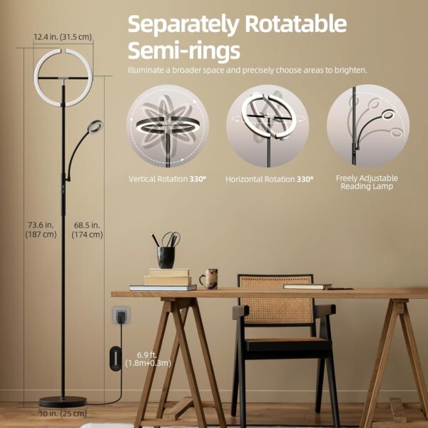 FIMEI Uplighter Floor Lamp, 22W Floor Lamp & 7W Reading Lamp, Stepless Dimming & 3000K-6000K Color Temperature, Remote & Touch Control, Modern Standing Light for Living Room, Bedroom, Office - Image 6