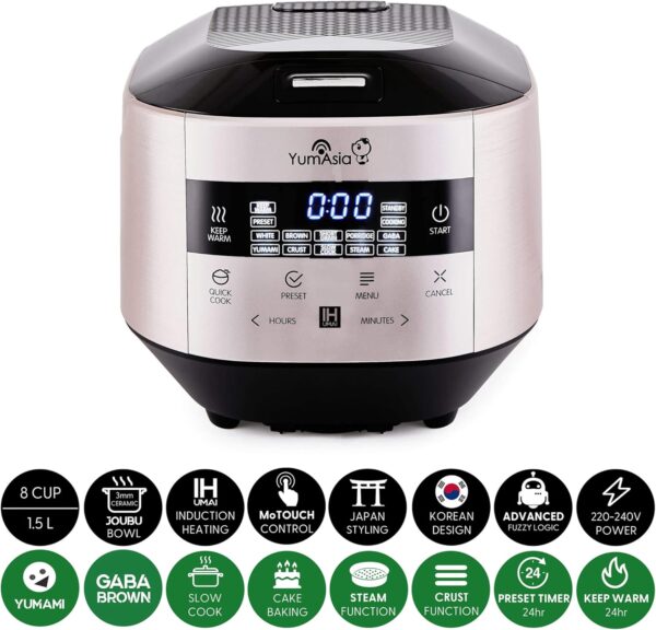 Yum Asia Bamboo Rice Cooker with Induction Heating (IH) and Ceramic Bowl, 7 Rice Cooking Functions, 4 Multicooker Functions, Motouch LED Display (1.5L) 220-240V UK/EU Power (Champagne Rose and Black) - Image 3