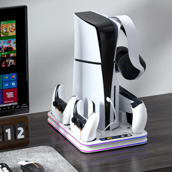 PS5 Slim Cooling Station with RGB LED Controller Charger, PS5 Accessories - White - Image 10