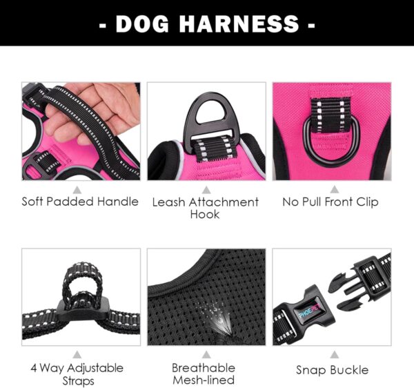 PHOEPET No Pull Dog Harness Medium Reflective Front Clip Vest with Handle,Adjustable 2 Metal Rings 3 Buckles,[Easy to Put on & Take Off](M, Pink) - Image 5