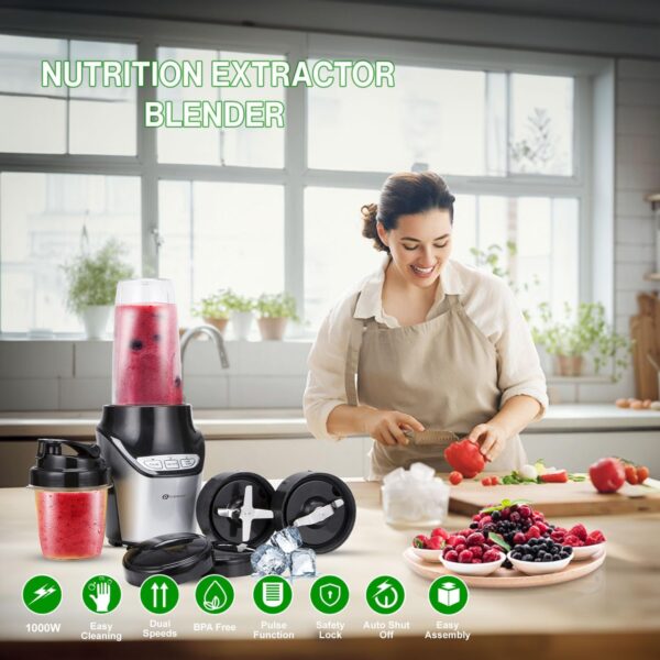 PureMate Blender and Food Processor - Powerful 18,000 RPM Extractor Blends Frozen Fruit, Nuts & Ice – 1000W Motor with Stainless Steel Blades and 3 Speed Settings – Ideal For Smoothies & Post Workout - Image 3