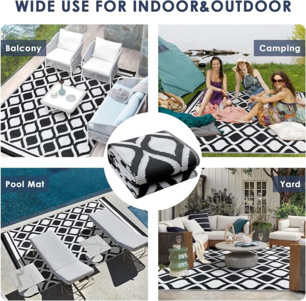 VK·LIVING Outdoor Rugs for Patios Waterproof 150X240cm Reversible Garden Carpet Large Modern Plastic Outdoor Mat Portable Lightweight Area Rugs for Balcony Camping Yard RV Beach Black&White - Image 9