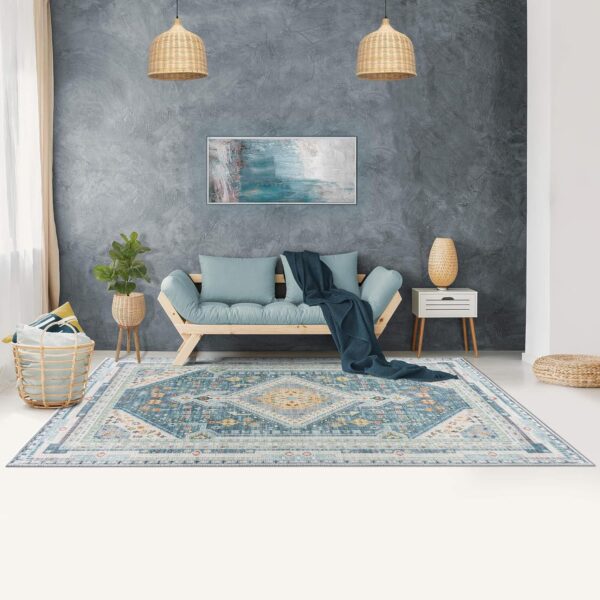 Vernal 170 cm X 240 cm Senglea Stone Blue, Yellow and Cream Machine Washable Rug | Traditional Vintage Floral Rug for Bedroom, Living Room, Kitchen, Dinning, Hallway, Entryway, Laundry & Kids Room - Image 2