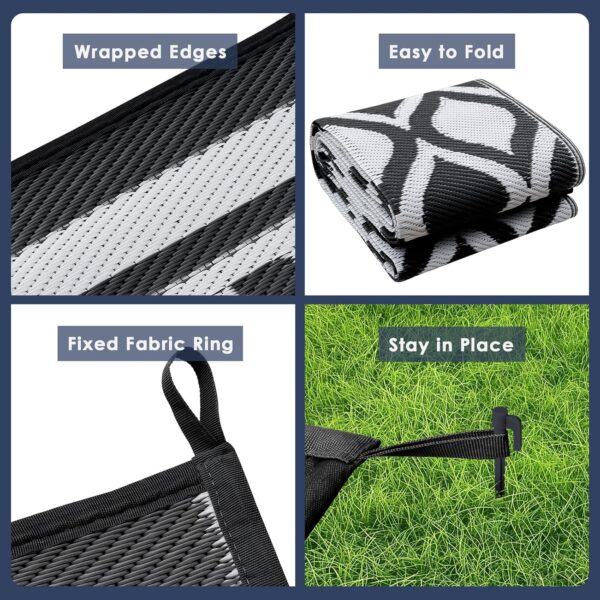VK·LIVING Outdoor Rugs for Patios Waterproof 150X240cm Reversible Garden Carpet Large Modern Plastic Outdoor Mat Portable Lightweight Area Rugs for Balcony Camping Yard RV Beach Black&White - Image 8