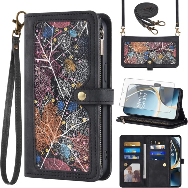 Phone Case for OnePlus Nord N30 5G/CE 3 Lite Wallet Cover With Screen Protector Crossbody Wrist Strap Leather Flip Pattern Zipper Credit Card Holder Stand Cell OPPO K11x/One Plus 1 1+ N 30/CE3 Black - Image 2