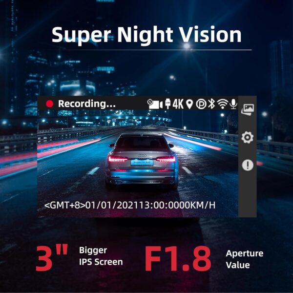 Dash Cam Front Rear, 4K Front + 4K Rear Full HD Dash Camera for Cars Built-in Wi-Fi Bluetooth GPS with 64GB SD Card, 3.0” IPS Screen with App Control, G-Sensor, HDR, Night Vision, 24H Parking Mode - Image 7