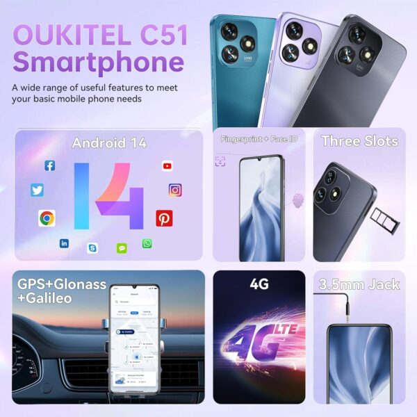 OUKITEL C51 Mobile Phones Sim Free Unlocked, 6.8" HD+ Display Smartphone 18GB+128GB/1TB, Android 14 Mobile Phones Dual Sim 4G, 13MP+5MP Camera, 5150mAh, Fingerprint+Face Unlock, OTG/GPS/Blue - Image 5
