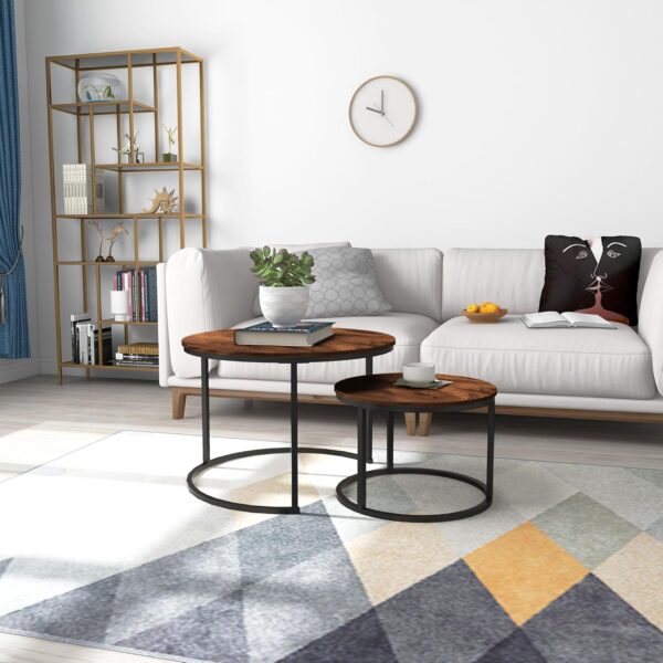 HOMERECOMMEND Round Nesting Coffee Table Modern Nesting Side Set of 2 End Table for Living Room,Round Wooden Accent Coffee Table with Solid Powder-Coated Metal Frame, Rustic Brown/Black - Image 7