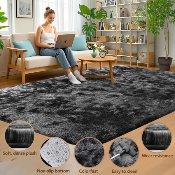 LNZHAO Living Room Rugs 120x180cm - Extra Large Shaggy Soft Fluffy Rug Area Carpet, Modern Tie-dye Carpet - Washable Rugs for Home Decor, Bedroom, Dorm, Kids Room Lounge Office, Dark Grey - Image 6