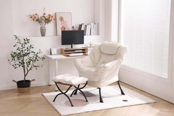 Furlide Lazy Chair with Ottoman, Modern Chair with Folding Footrest Stool Set, Accent Contemporary Lounge Chair, Oversized Armchairs for Bedroom, Study, Living Room, Garden, Courtyard (Beige) - Image 8