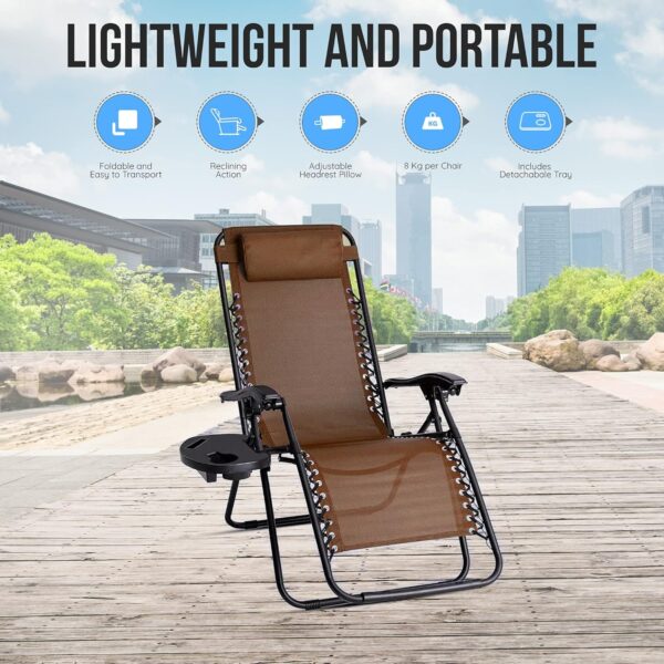 Sedol Zero Gravity Chairs Set of 2 - Heavy Duty Textoline Outdoor Gravity Chair - Reclining & Folding Garden Chairs with Cup Holder and Headrest - Sun Loungers for Garden, Decking, and Patio (Brown) - Image 8