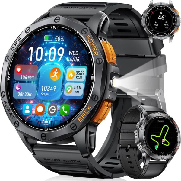GPS Men Smart Watch with Compass LED Flashlight 1.43″AMOLED Smartwatch for Men Bluetooth Call for Android iOS 530 mAh Big Battery Male Smart Watch,Heart Rate Health Monitor,2 Watch Strap,Black - Image 2