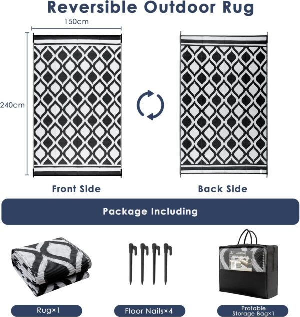 VK·LIVING Outdoor Rugs for Patios Waterproof 150X240cm Reversible Garden Carpet Large Modern Plastic Outdoor Mat Portable Lightweight Area Rugs for Balcony Camping Yard RV Beach Black&White - Image 3