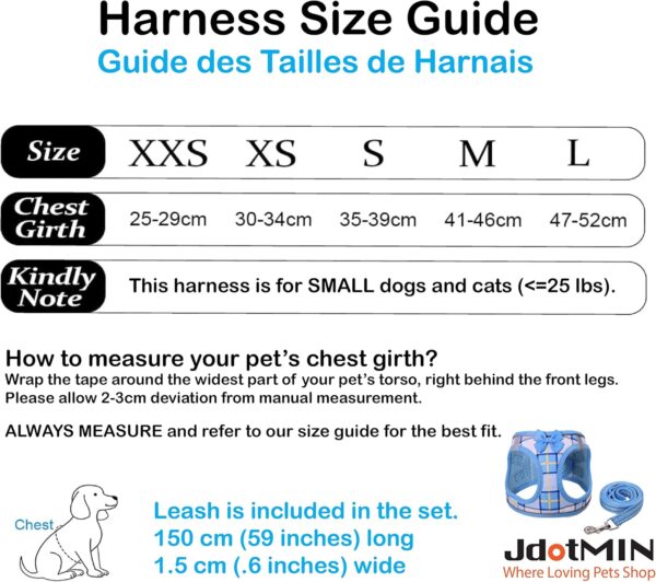 JdotMIN Plaid Dog Harness and Leash Set, Extra-Small/Small to Medium Dog and Cat Vest Harness No Pull, Escape Proof, For Walking Puppy and Kitten, For Travel and Car (Blue, XXS) - Image 8
