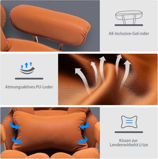 Efomao Desk Office Chair, Big and Tall PU Leather Ergonomic Office Chair, 200KG Adjustable High Back Computer Chair,Executive Swivel Chair with Footrest and Lumbar Support, Orange - Image 6