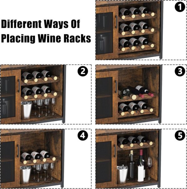 IDEALHOUSE 3-Tier Wine Bar Cabinet with Detachable Wine Rack and Drawer, Industrial Sideboard and Buffet Cabinet with Glass Holder and Mesh Door, Rustic Brown - Image 6