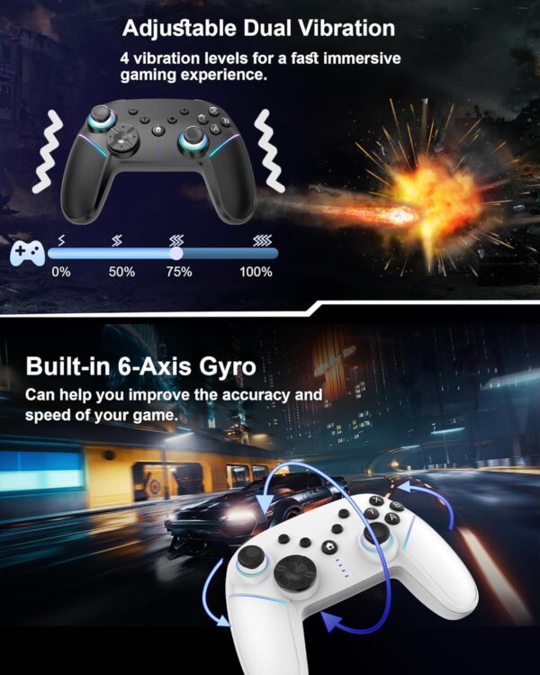 Wireless Switch Controller,Switch Pro Controllers for Nintendo Switch/Lite/OLED/PC,Bluetooth PC Gaming Controller with 9-Color RGB LEDs, 950mAh Battery, Programmable Buttons,Gyro Axis,Turbo, White - Image 5