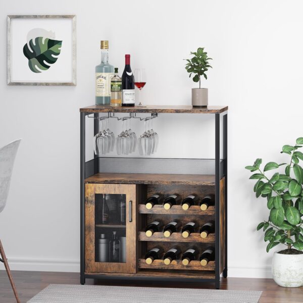 IDEALHOUSE 3-Tier Wine Bar Cabinet with Detachable Wine Rack and Drawer, Industrial Sideboard and Buffet Cabinet with Glass Holder and Mesh Door, Rustic Brown - Image 9