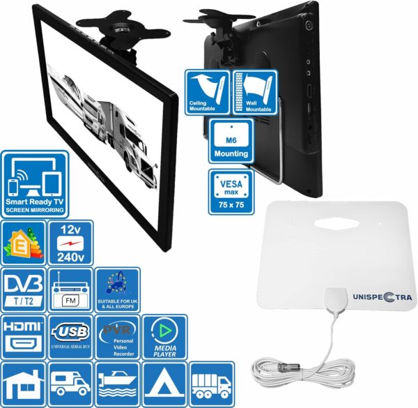 Unispectra ® 16 inch LED 240v (volt) 12v TV Screen Share Freeview & FM Tuner, USB. 12V TVs for Motorhomes, Campervan, Caravan TV, Camping, Truck, Lorry, Van, Boat, Kitchen, Bedroom - Image 8