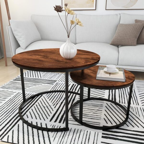 HOMERECOMMEND Round Nesting Coffee Table Modern Nesting Side Set of 2 End Table for Living Room,Round Wooden Accent Coffee Table with Solid Powder-Coated Metal Frame, Rustic Brown/Black - Image 2