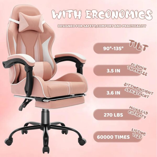 LXRADEO Ergonomic Gaming Chair with Footrest & Lumbar Support - Adjustable Racing Style Computer for Adults, Teens, Kids -Office Desk Chair with Swivel Base, Cute Gamer Design (Pink) - Image 4