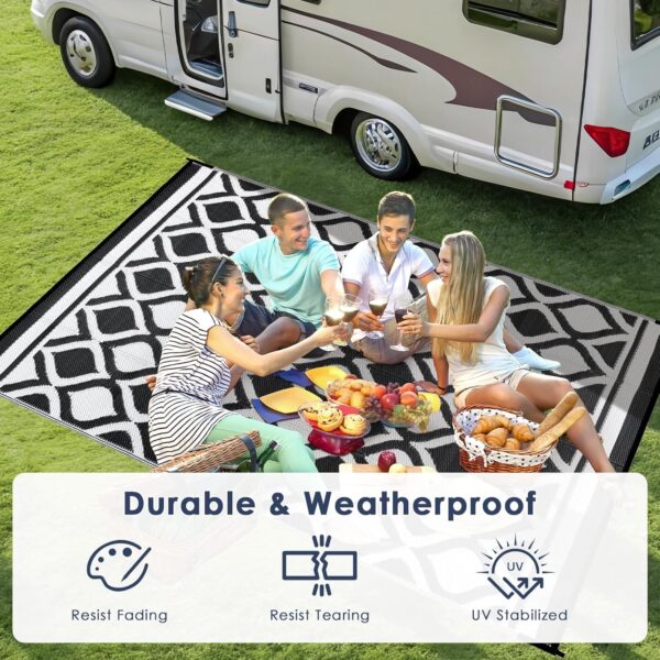 VK·LIVING Outdoor Rugs for Patios Waterproof 150X240cm Reversible Garden Carpet Large Modern Plastic Outdoor Mat Portable Lightweight Area Rugs for Balcony Camping Yard RV Beach Black&White - Image 7