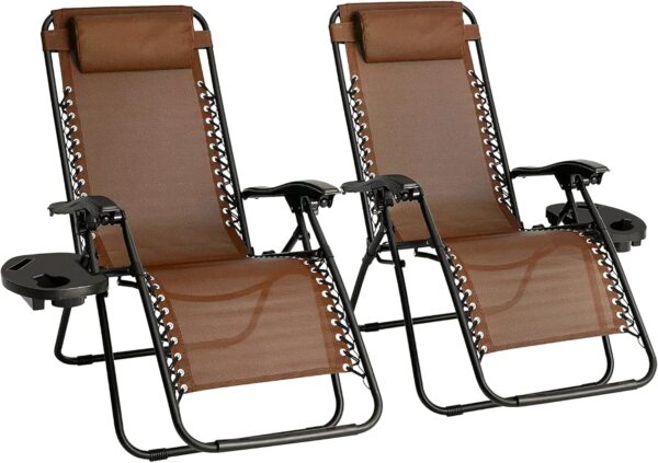 Sedol Zero Gravity Chairs Set of 2 - Heavy Duty Textoline Outdoor Gravity Chair - Reclining & Folding Garden Chairs with Cup Holder and Headrest - Sun Loungers for Garden, Decking, and Patio (Brown) - Image 2