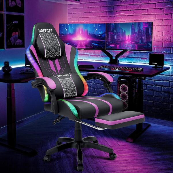 HOFFREE Massage LED Gaming Chair with Speakers, Large and High Video Game Chair with Footrest for 400lbs - Purple and Black High Back Reclining Computer Desk Chair - Image 3