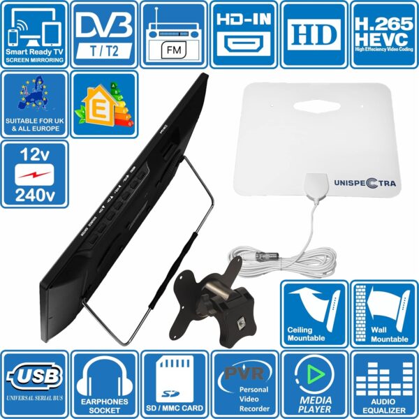 Unispectra ® 16 inch LED 240v (volt) 12v TV Screen Share Freeview & FM Tuner, USB. 12V TVs for Motorhomes, Campervan, Caravan TV, Camping, Truck, Lorry, Van, Boat, Kitchen, Bedroom - Image 6