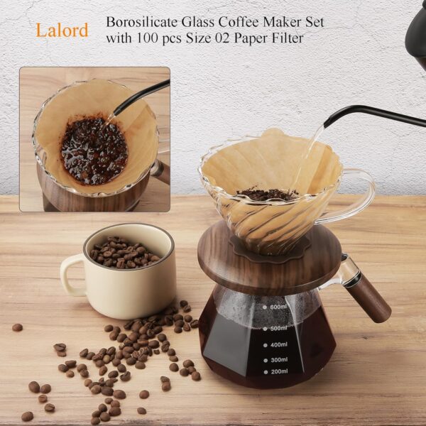 Lalord Pour Over Coffee Maker, 600 ml Borosilicate Glass Set with 100 pcs Size 02 Paper Filter, Walnut Collar & Glass Lid, Drip Coffee Maker, 1-3 Cups, Clear - Image 3