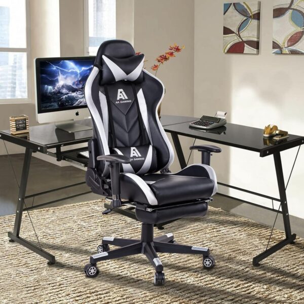 AA Products Gaming Chair High Back Ergonomic Computer Racing Chair Adjustable Office Chair with Footrest, Lumbar Support Swivel Chair - White - Image 8