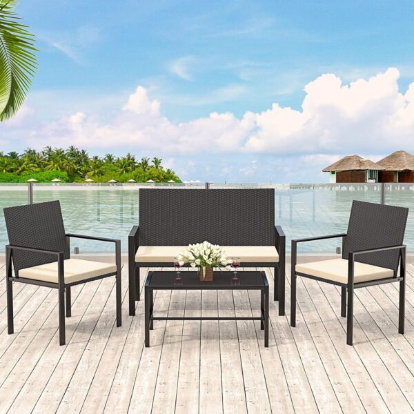bigzzia Rattan Garden Furniture Set, 4 piece Patio Rattan furniture sofa Weaving Wicker includes 2 Armchairs,1 Double seat Sofa and 1 table (New Black Set) - Image 2