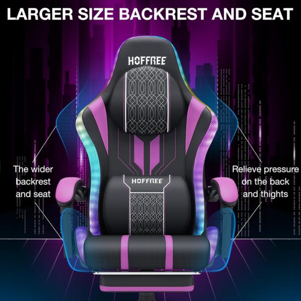 HOFFREE Massage LED Gaming Chair with Speakers, Large and High Video Game Chair with Footrest for 400lbs - Purple and Black High Back Reclining Computer Desk Chair - Image 7