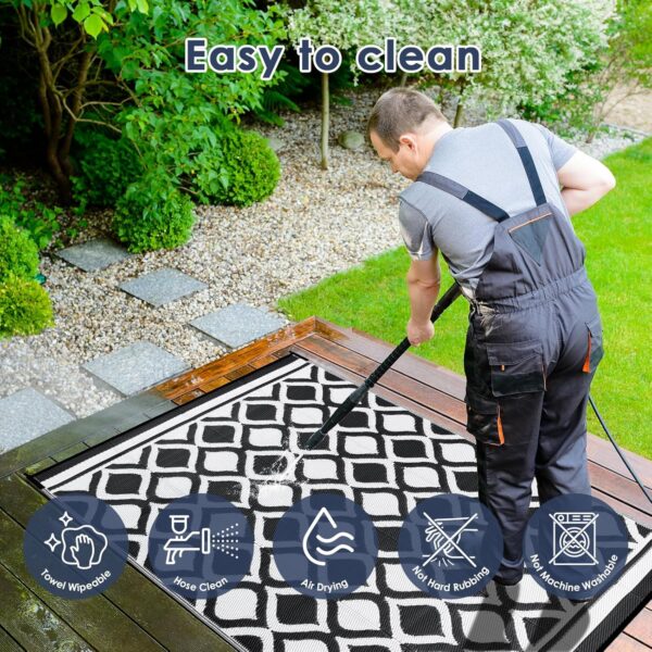 VK·LIVING Outdoor Rugs for Patios Waterproof 150X240cm Reversible Garden Carpet Large Modern Plastic Outdoor Mat Portable Lightweight Area Rugs for Balcony Camping Yard RV Beach Black&White - Image 6