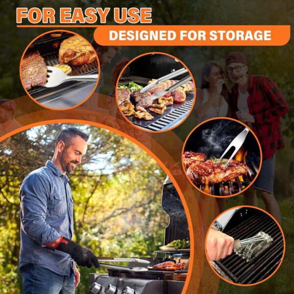 TIVOLI Grill Set 4PC BBQ Tools Set Grill Accessories with BBQ Spatula, BBQ Clips, Brushes, BBQ Forks Heavy Duty Grill Kit Grill Tools for Outdoor Grill with Wood Handles Gift Ideas for Dad Man - Image 8