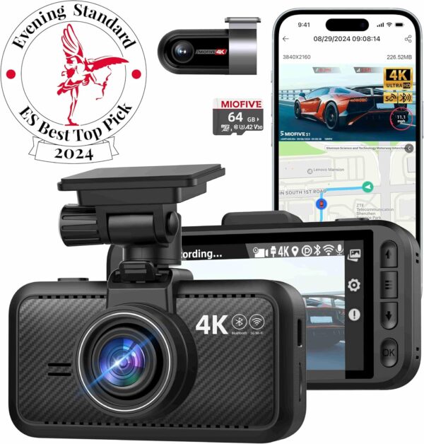 Dash Cam Front Rear, 4K Front + 4K Rear Full HD Dash Camera for Cars Built-in Wi-Fi Bluetooth GPS with 64GB SD Card, 3.0” IPS Screen with App Control, G-Sensor, HDR, Night Vision, 24H Parking Mode - Image 2
