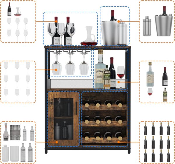 IDEALHOUSE 3-Tier Wine Bar Cabinet with Detachable Wine Rack and Drawer, Industrial Sideboard and Buffet Cabinet with Glass Holder and Mesh Door, Rustic Brown - Image 5