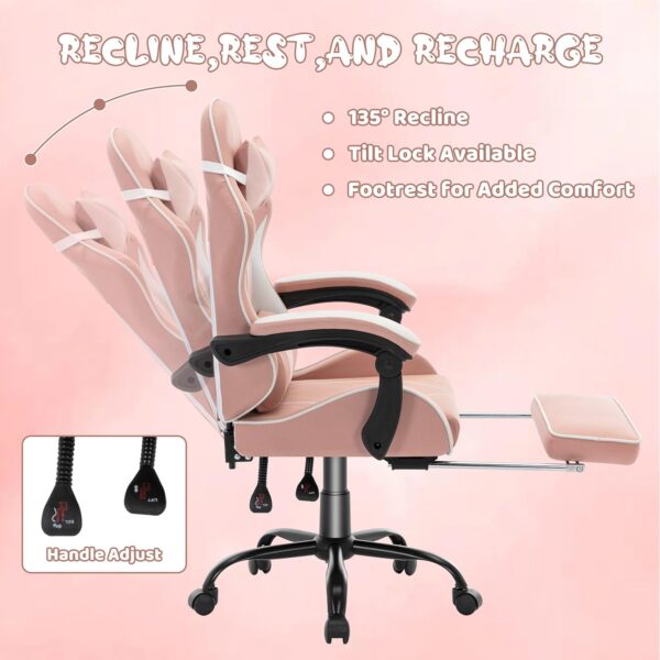 LXRADEO Ergonomic Gaming Chair with Footrest & Lumbar Support - Adjustable Racing Style Computer for Adults, Teens, Kids -Office Desk Chair with Swivel Base, Cute Gamer Design (Pink) - Image 7