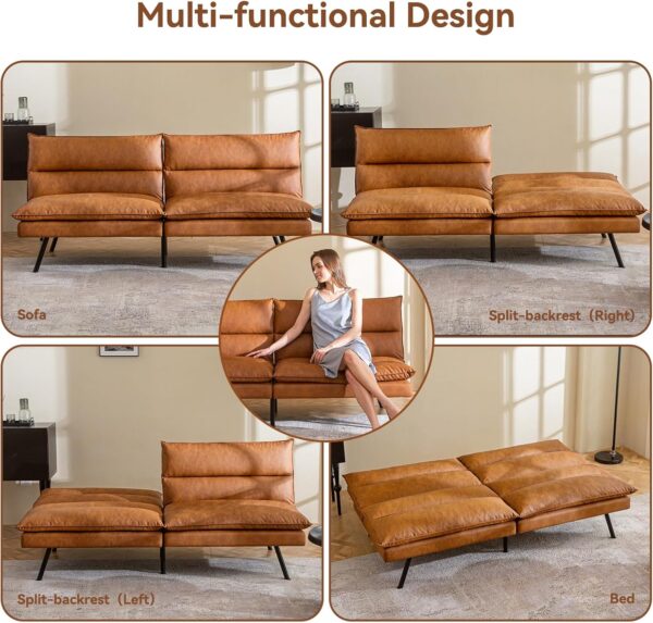 Opoiar Convertible Armless Futon Sofa Bed,3" Memory Foam Modern Loveseat Couch,71" L Sleeper Sofa Bed,Small Splitback Modern Faux Leather Futon Sofa for Living Room,Home Office,Apartment,Brown - Image 5