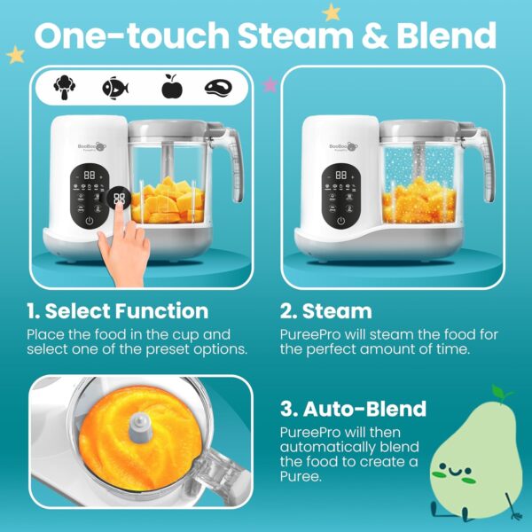 BooBoo PuréePro® Baby Food Maker, Multifunctional Food Processor Chopper, Puree Blender And Steamer, x4 Cooking Presets, Auto Cooking, Grinding Function & Self Cleaning Operation - Image 3