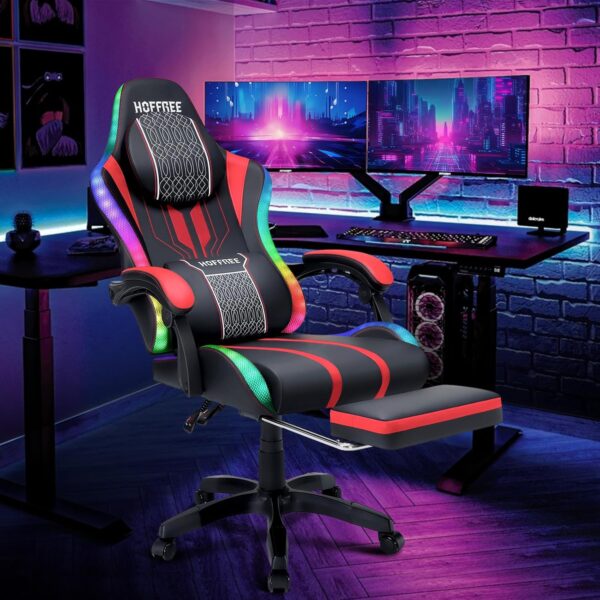 HOFFREE Led Gaming Chair with Speakers and Massage Big and Tall Video Game Chair for 400lbs with Footrest Reclining High Back Computer Chair Red Black - Image 3