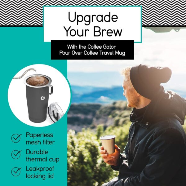 Coffee Gator Insulated Coffee Cup with Paperless Filter, All-in-One Hand Drip Coffee Maker with Filter, Thermal Stainless Steel Travel Cup for Hot Drinks - 585ml / 20oz (Sliver) - Image 3
