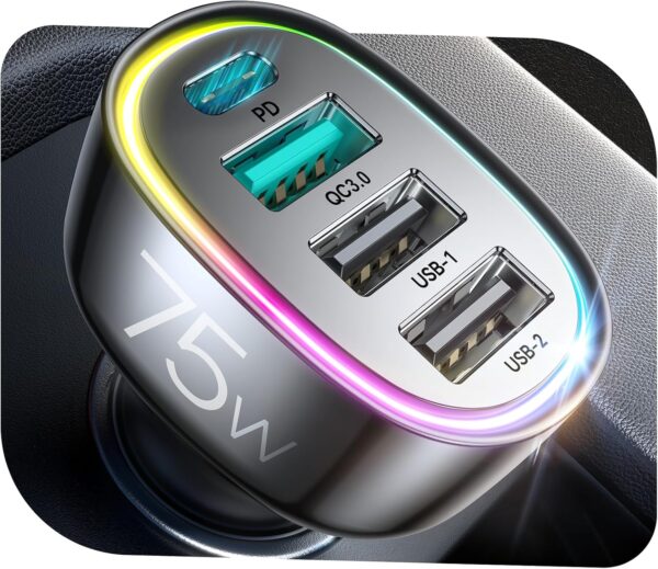 2025 Upgrade 75W USB C Car Charger, 4 Ports [ PD 60W & QC3.0] Super Fast Mini Adapter, USB Car Charger Compatible with iPhone 16/15/Samsung S24, Cigarette Lighter USB Charger for Family Travel - Image 2